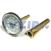 Термометр биметаллический 0-160 *C (d-63мм, аксиальный, с латунной гильзой L-100мм, штуцер 1/2")