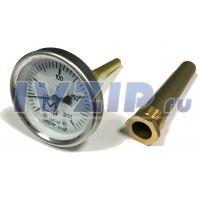 Термометр биметаллический 0-200 *C (d-63мм, аксиальный, с латунной гильзой L-100мм, штуцер 1/2")